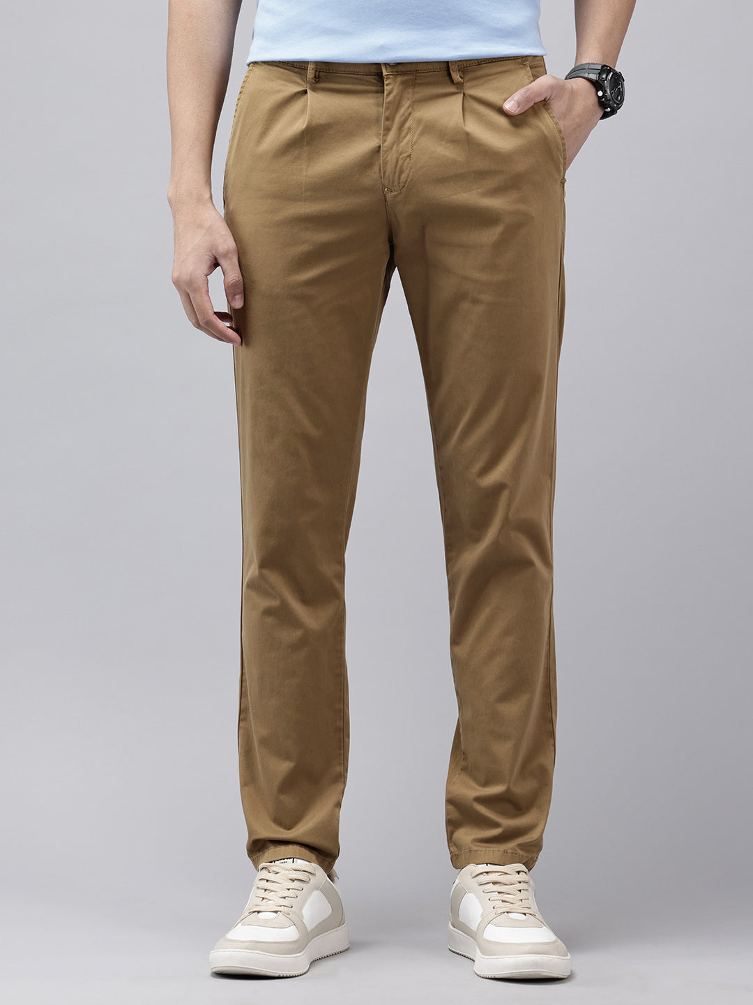 Men's Khaki Solid Cotton Slim Fit Casual 5 Pockets Trouser