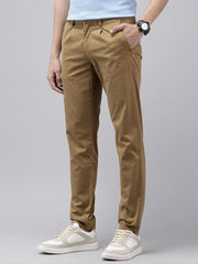 Men's Khaki Solid Cotton Slim Fit Casual 5 Pockets Trouser
