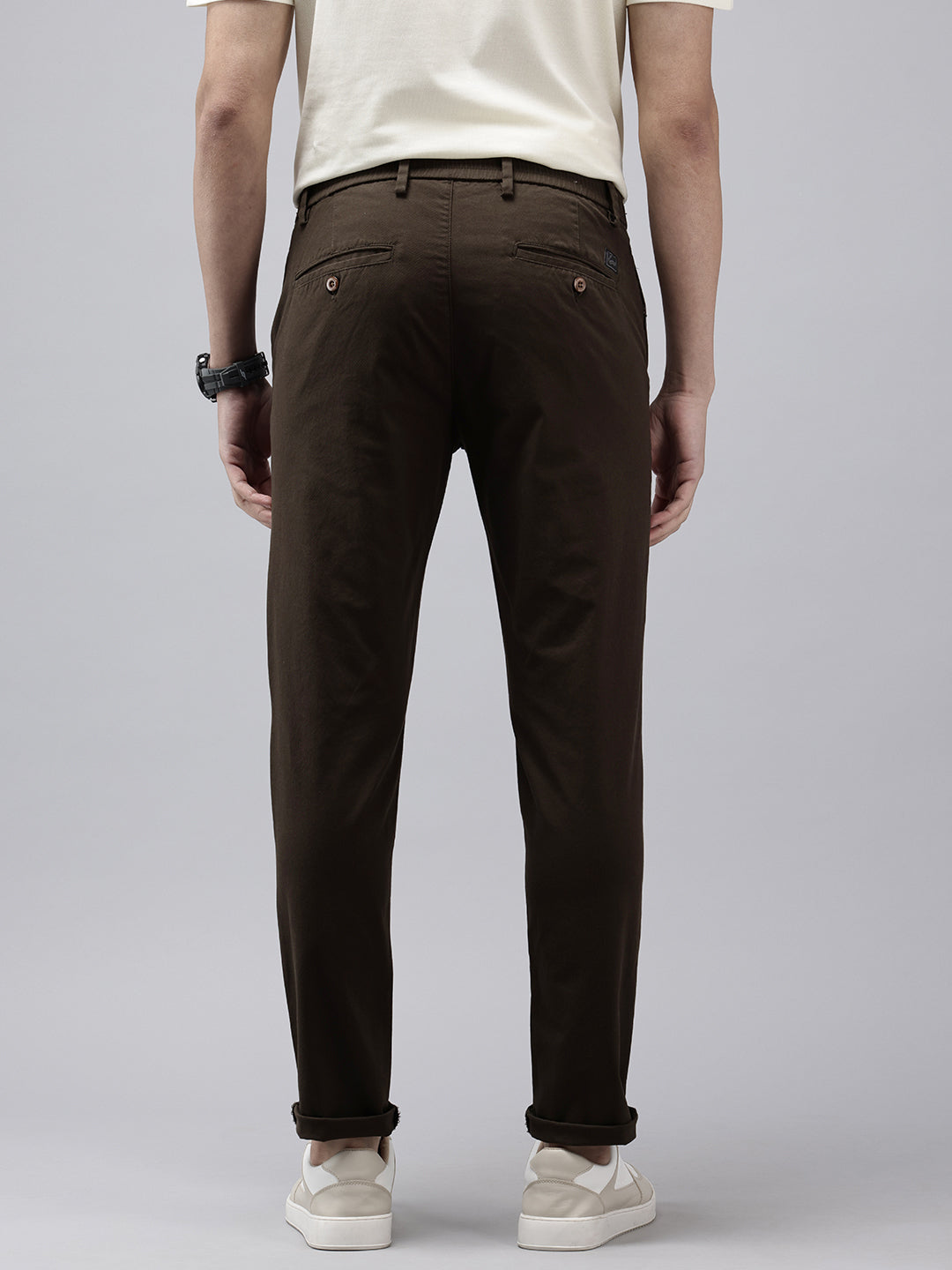 Men's Brown Solid Cotton Slim Fit Casual 5 Pockets Trouser