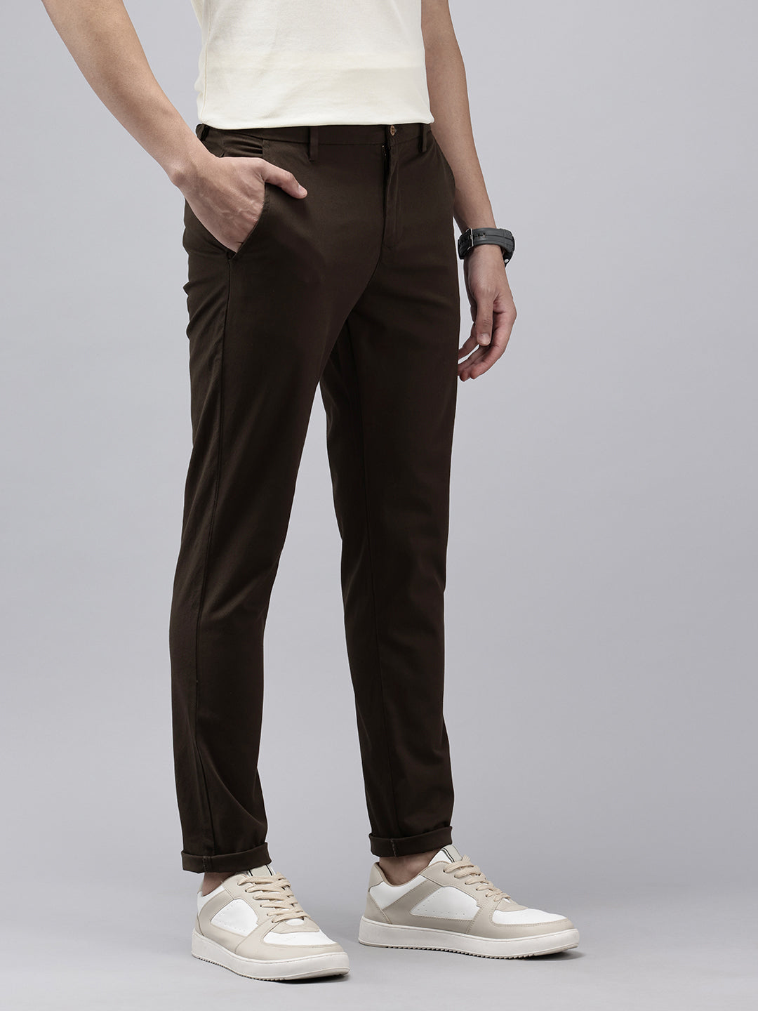 Men's Brown Solid Cotton Slim Fit Casual 5 Pockets Trouser