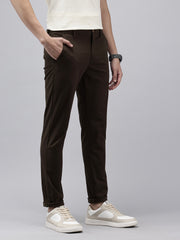 Men's Brown Solid Cotton Slim Fit Casual 5 Pockets Trouser