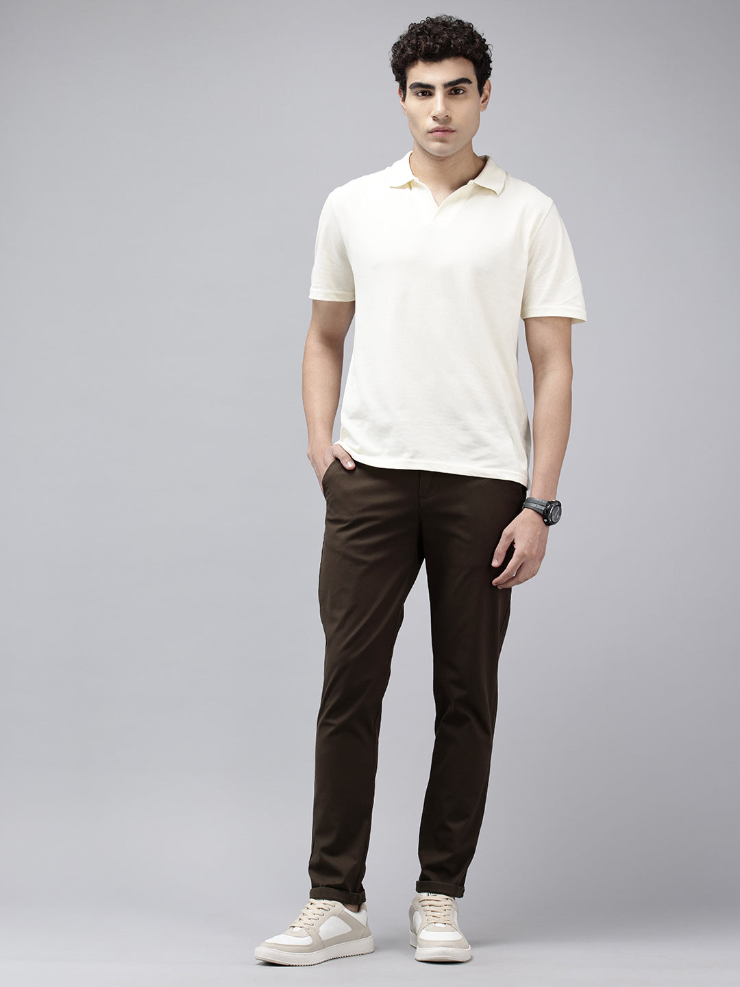 Men's Brown Solid Cotton Slim Fit Casual 5 Pockets Trouser