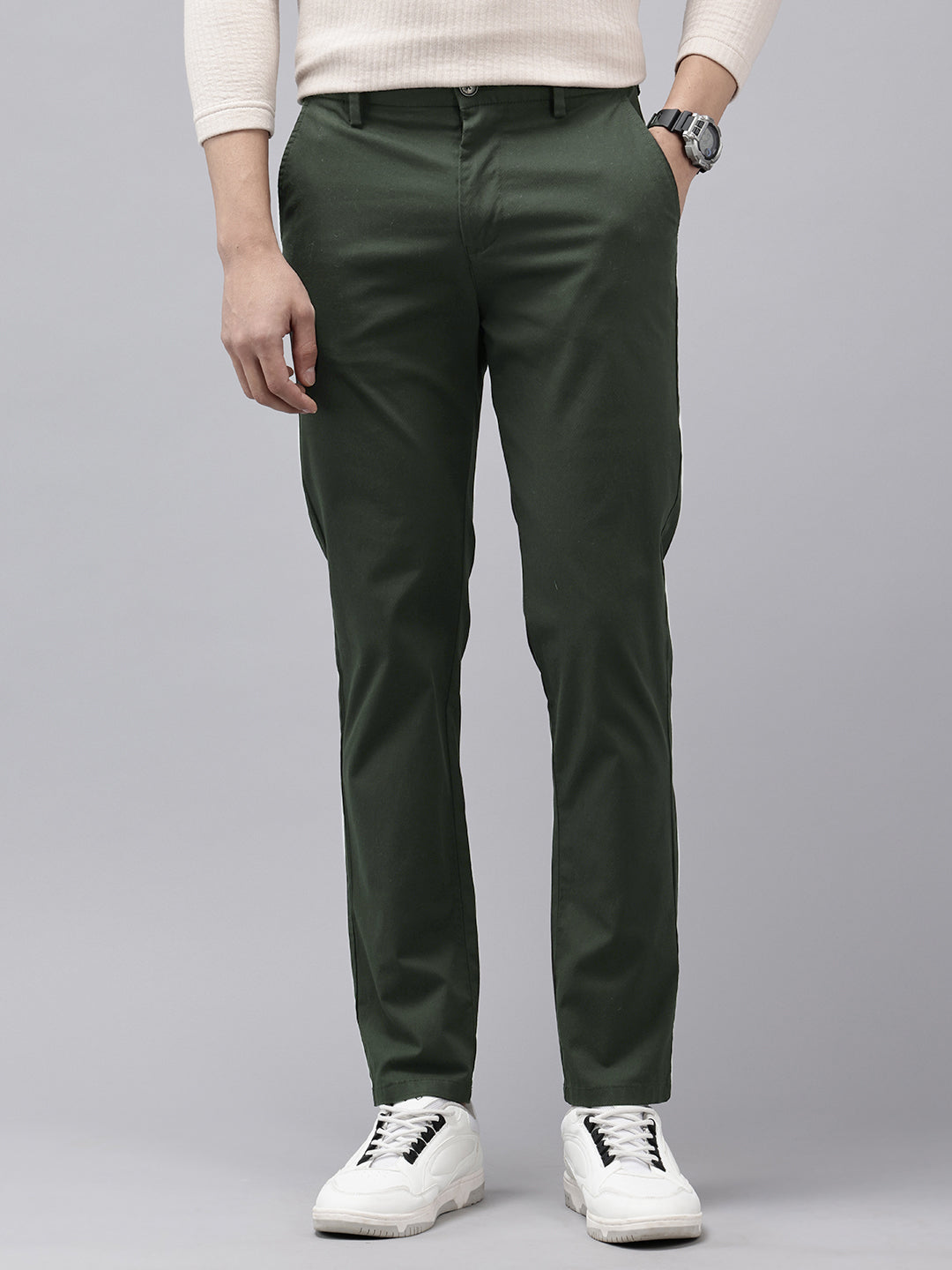 Green Slim Fit Cotton Casual Trousers with 5 Pockets