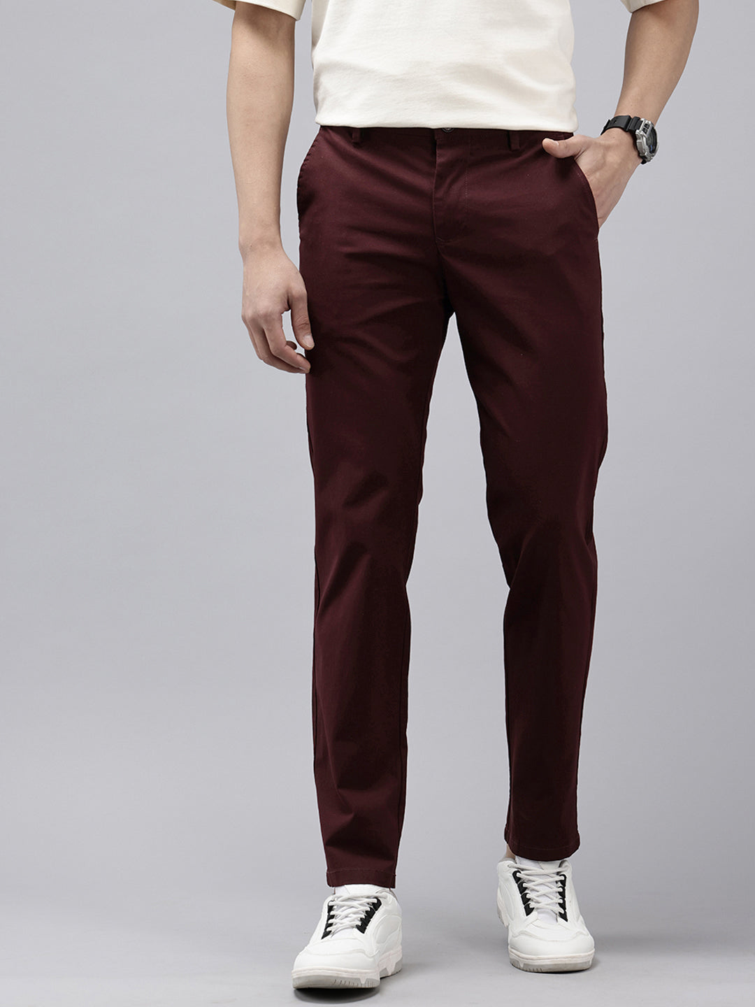 Men's Maroon Solid Cotton Slim Fit Casual 5 Pockets Trouser
