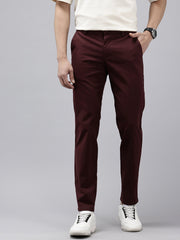 Men's Maroon Solid Cotton Slim Fit Casual 5 Pockets Trouser