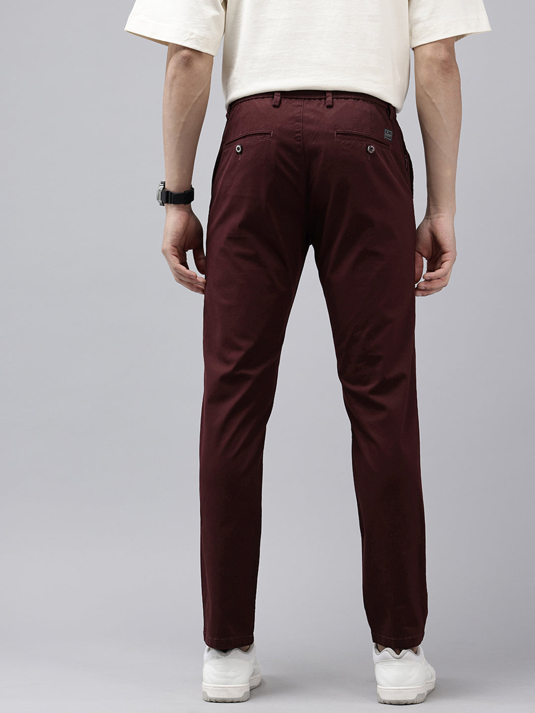 Men's Maroon Solid Cotton Slim Fit Casual 5 Pockets Trouser