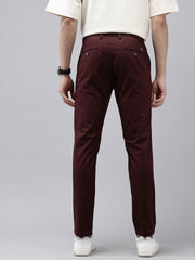 Men's Maroon Solid Cotton Slim Fit Casual 5 Pockets Trouser