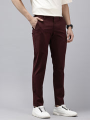 Men's Maroon Solid Cotton Slim Fit Casual 5 Pockets Trouser
