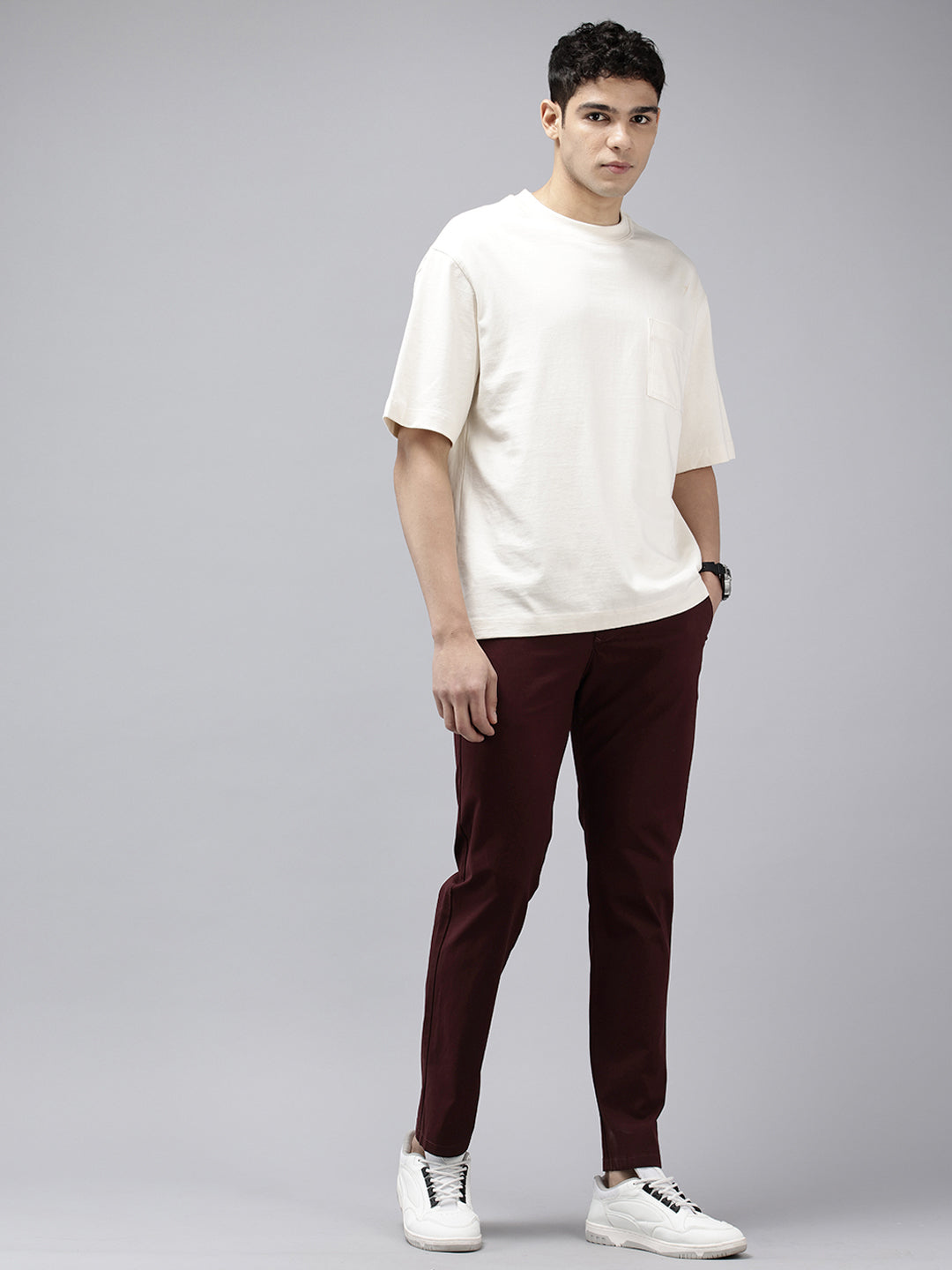 Men's Maroon Solid Cotton Slim Fit Casual 5 Pockets Trouser