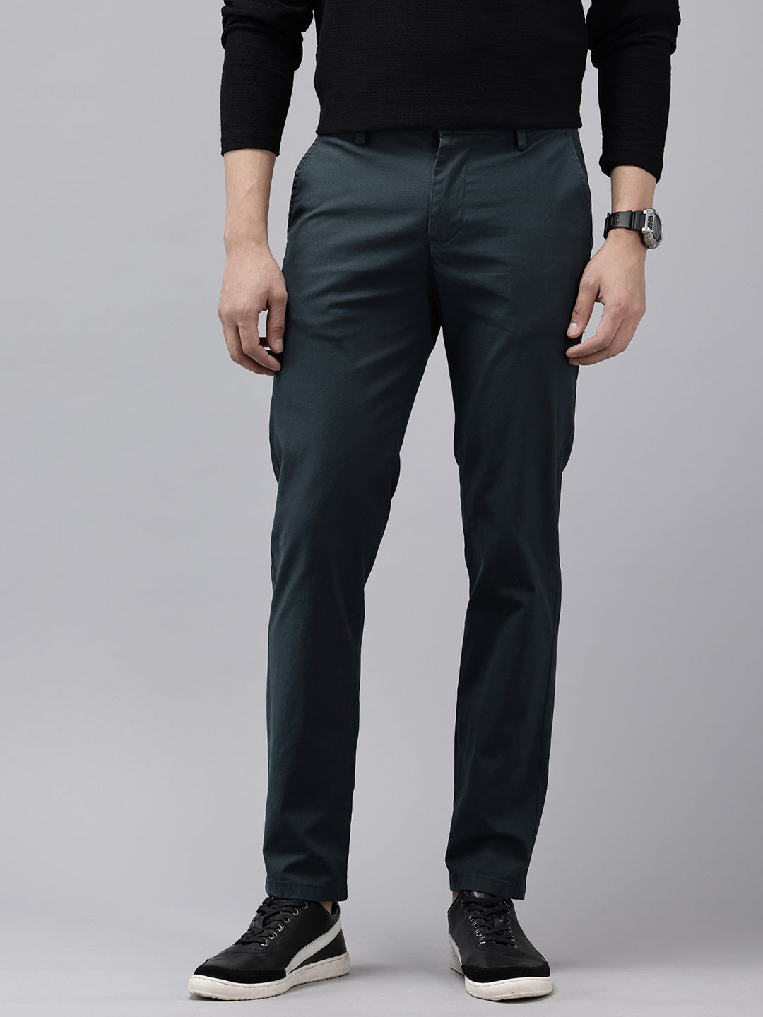 Navy Blue Slim Fit Cotton Casual Trousers with 5 Pockets