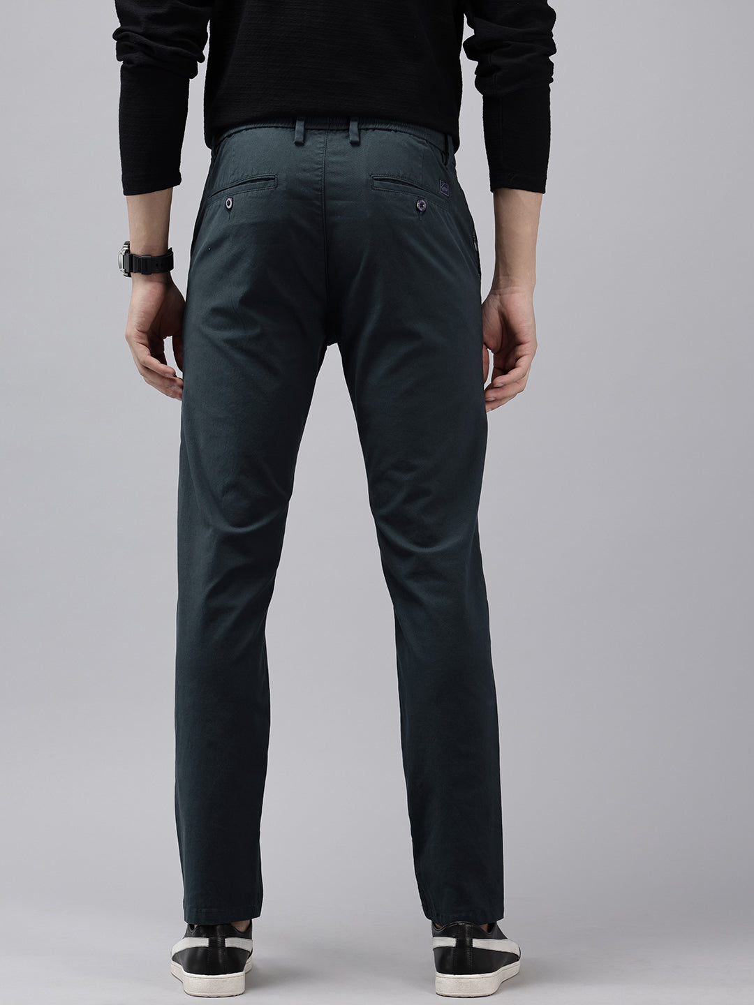 Men's Navy Blue Solid Cotton Slim Fit Casual 5 Pockets Trouser