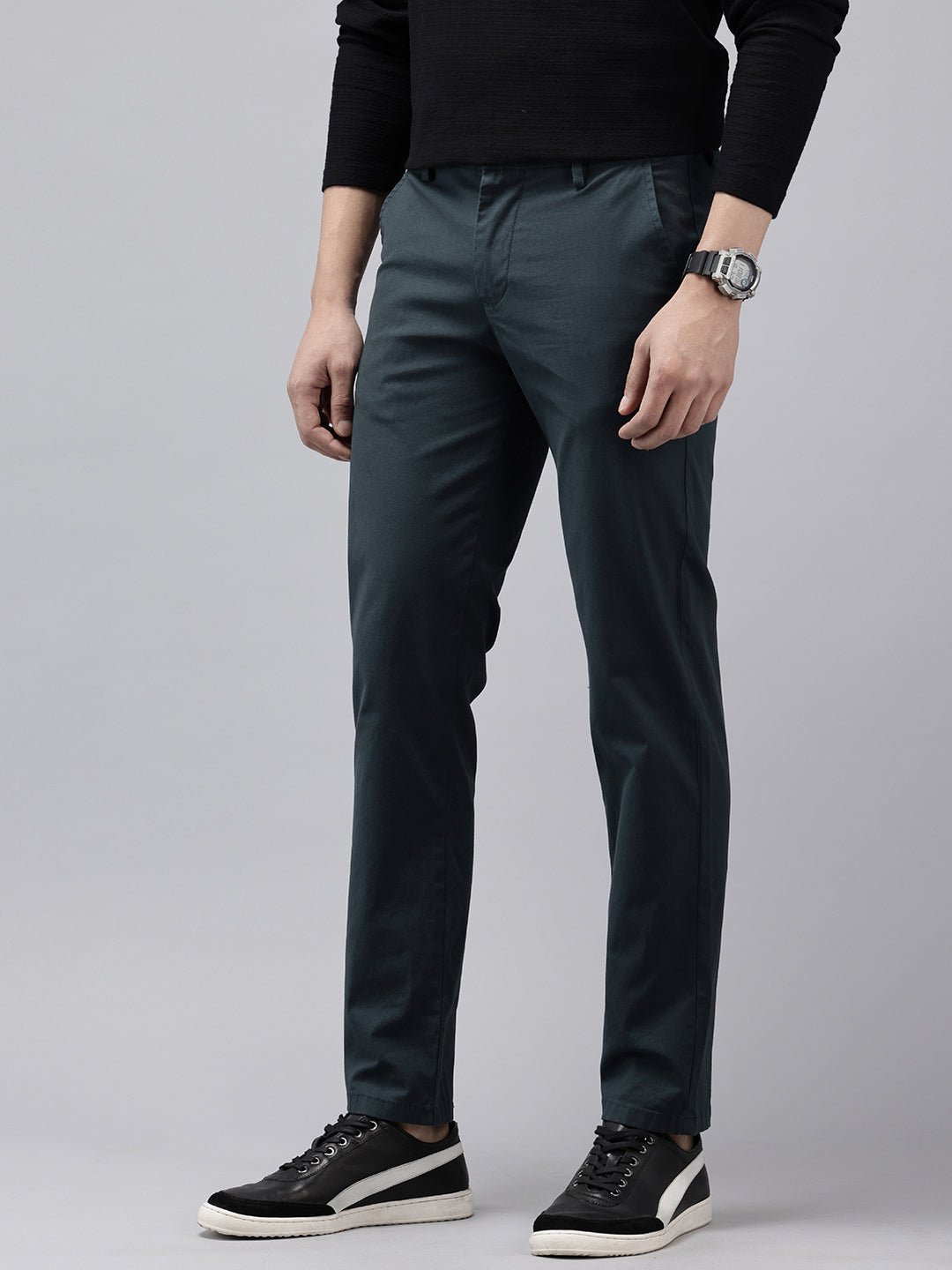 Men's Navy Blue Solid Cotton Slim Fit Casual 5 Pockets Trouser