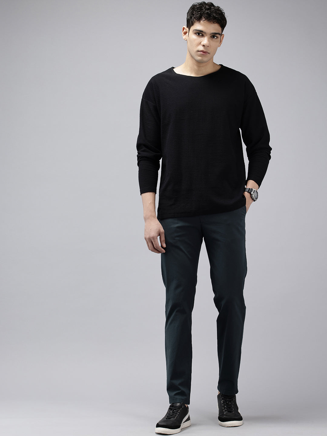 Men's Navy Blue Solid Cotton Slim Fit Casual 5 Pockets Trouser