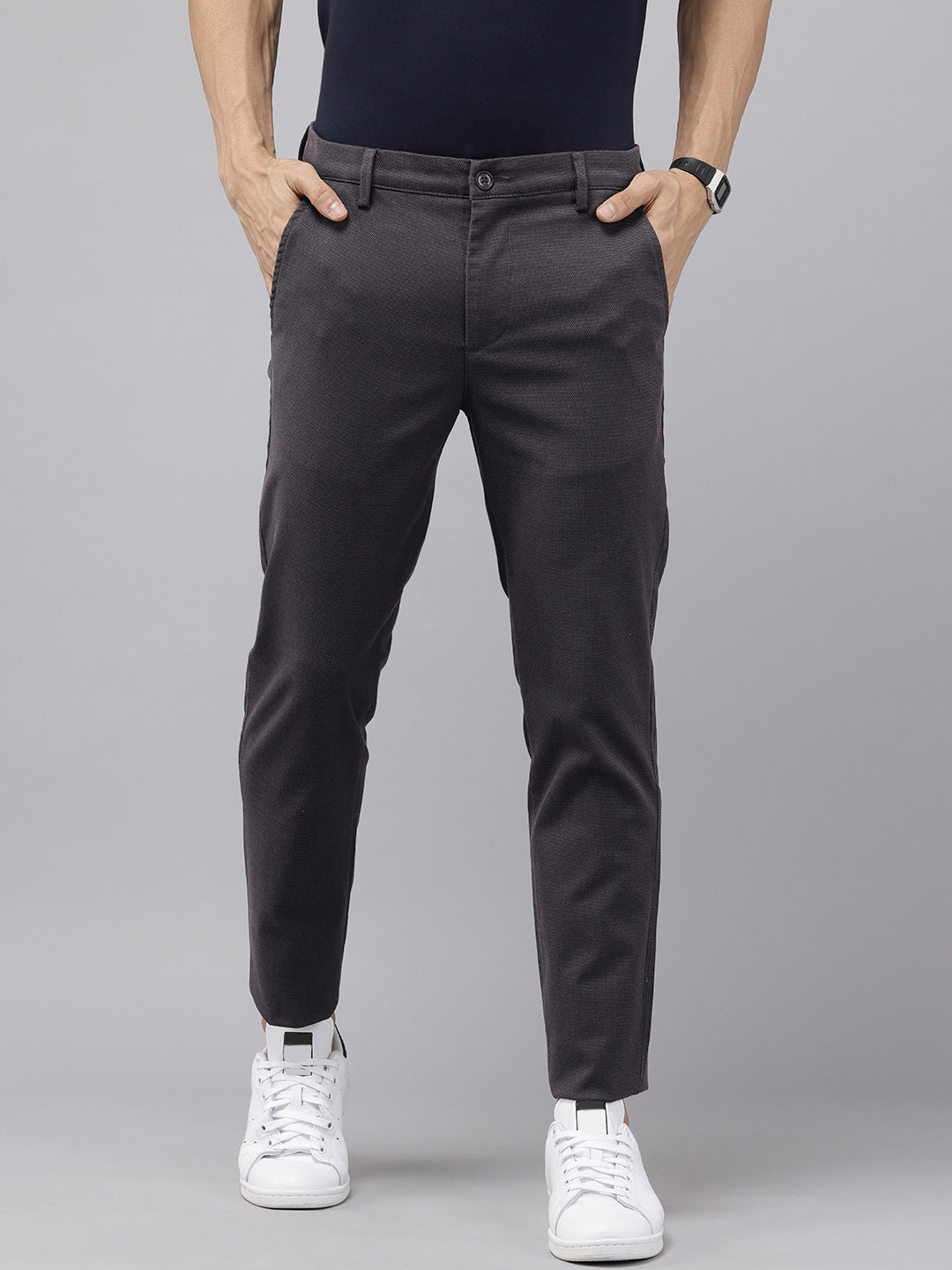 Caribbean Navy Blue Cotton Slim Fit Solid Trouser – 5 Pocket Style