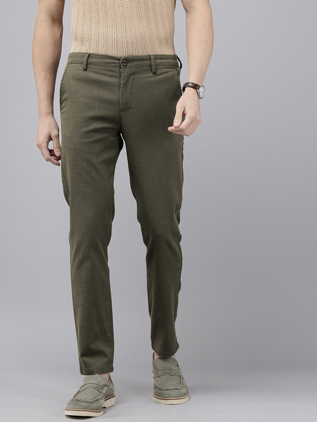 Caribbean Olive Cotton Slim Fit Solid Trouser – 5 Pocket Style
