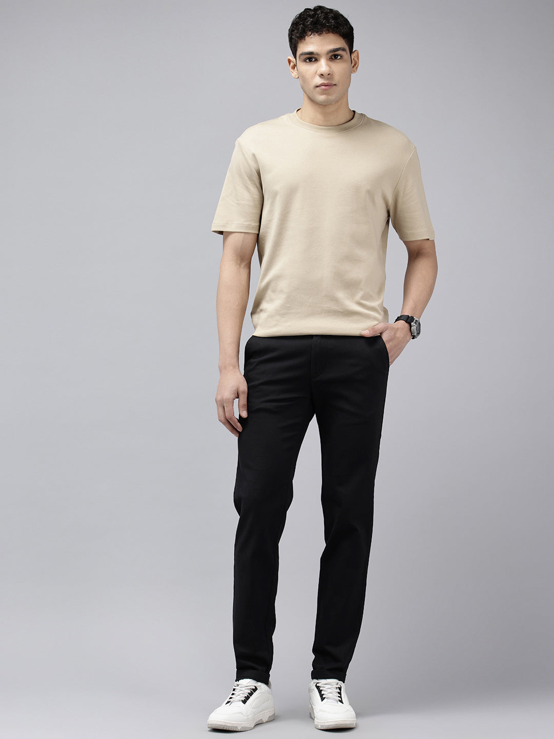 Men's Black Solid Cotton Slim Fit Casual 5 Pockets Trouser