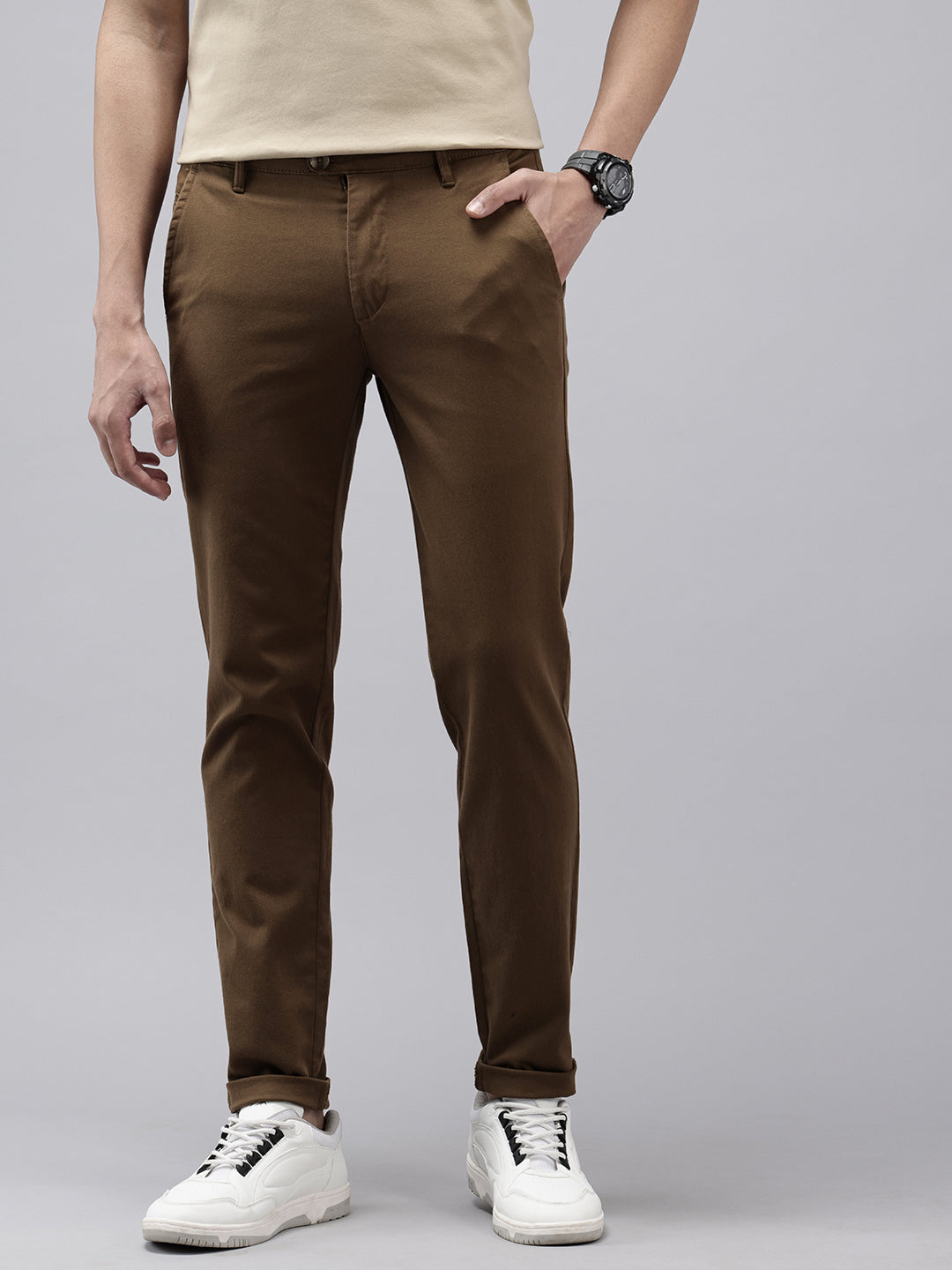 Brown Slim Fit Cotton Casual Trousers with 5 Pockets