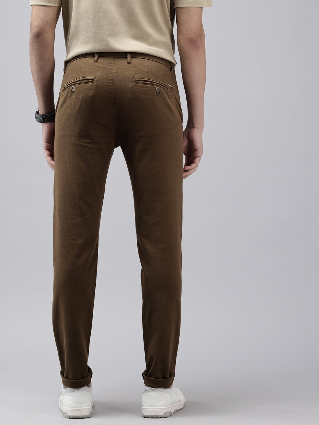 Men's Brown Solid Cotton Slim Fit Casual 5 Pockets Trouser