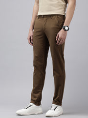 Men's Brown Solid Cotton Slim Fit Casual 5 Pockets Trouser