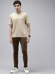 Men's Brown Solid Cotton Slim Fit Casual 5 Pockets Trouser