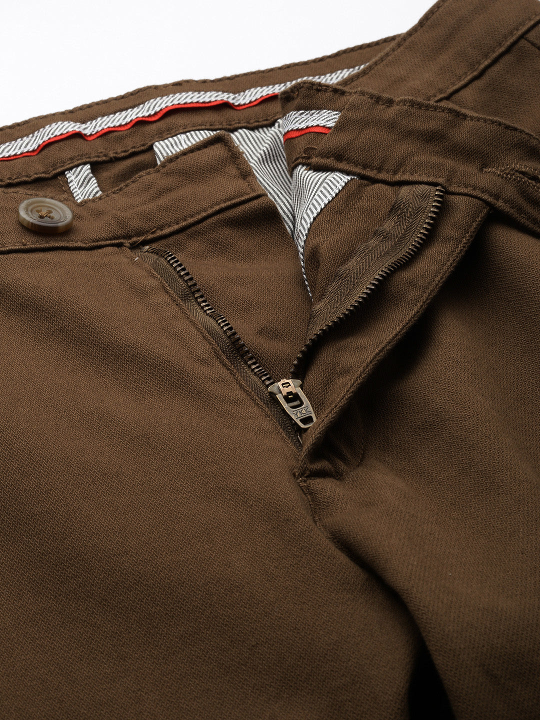 Men's Brown Solid Cotton Slim Fit Casual 5 Pockets Trouser