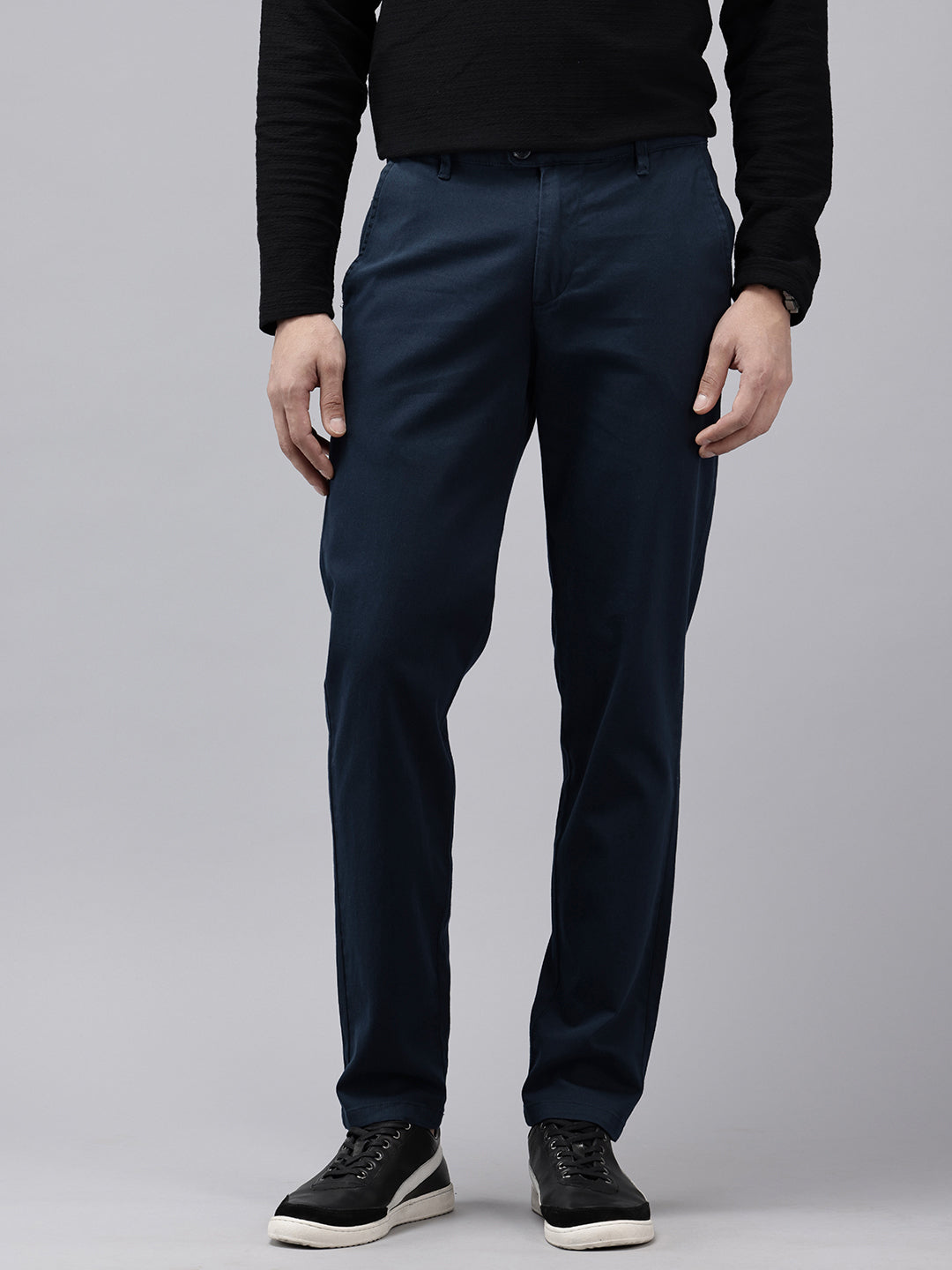Navy Blue Slim Fit Cotton Casual Trousers with 5 Pockets
