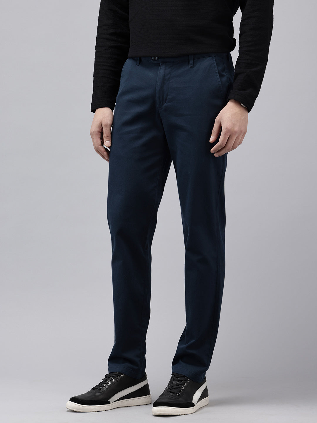 Men's Navy Blue Solid Cotton Slim Fit Casual 5 Pockets Trouser
