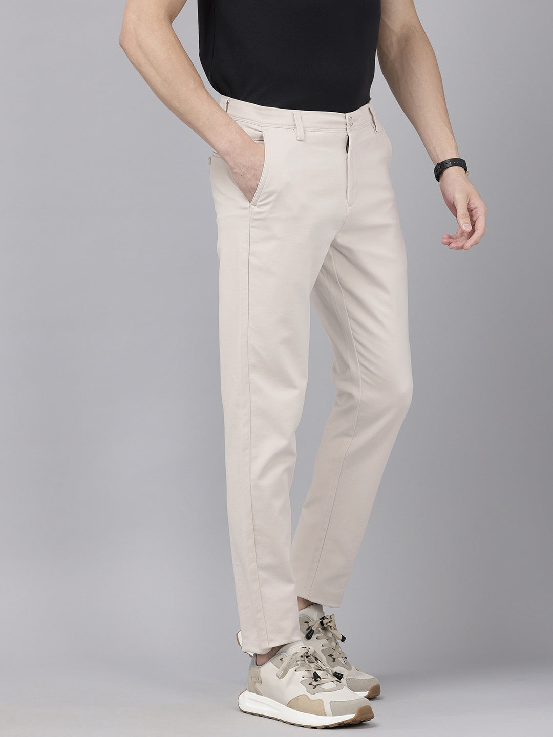 Men's Beige Cotton Caribbean Slim Fit Solid 5 Pocket Cross Pocket Trouser