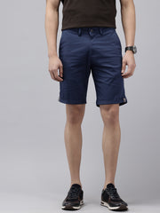 Men's Navy Blue Solid Cotton Slim Fit Knee Length 5 Pockets Casual Shorts