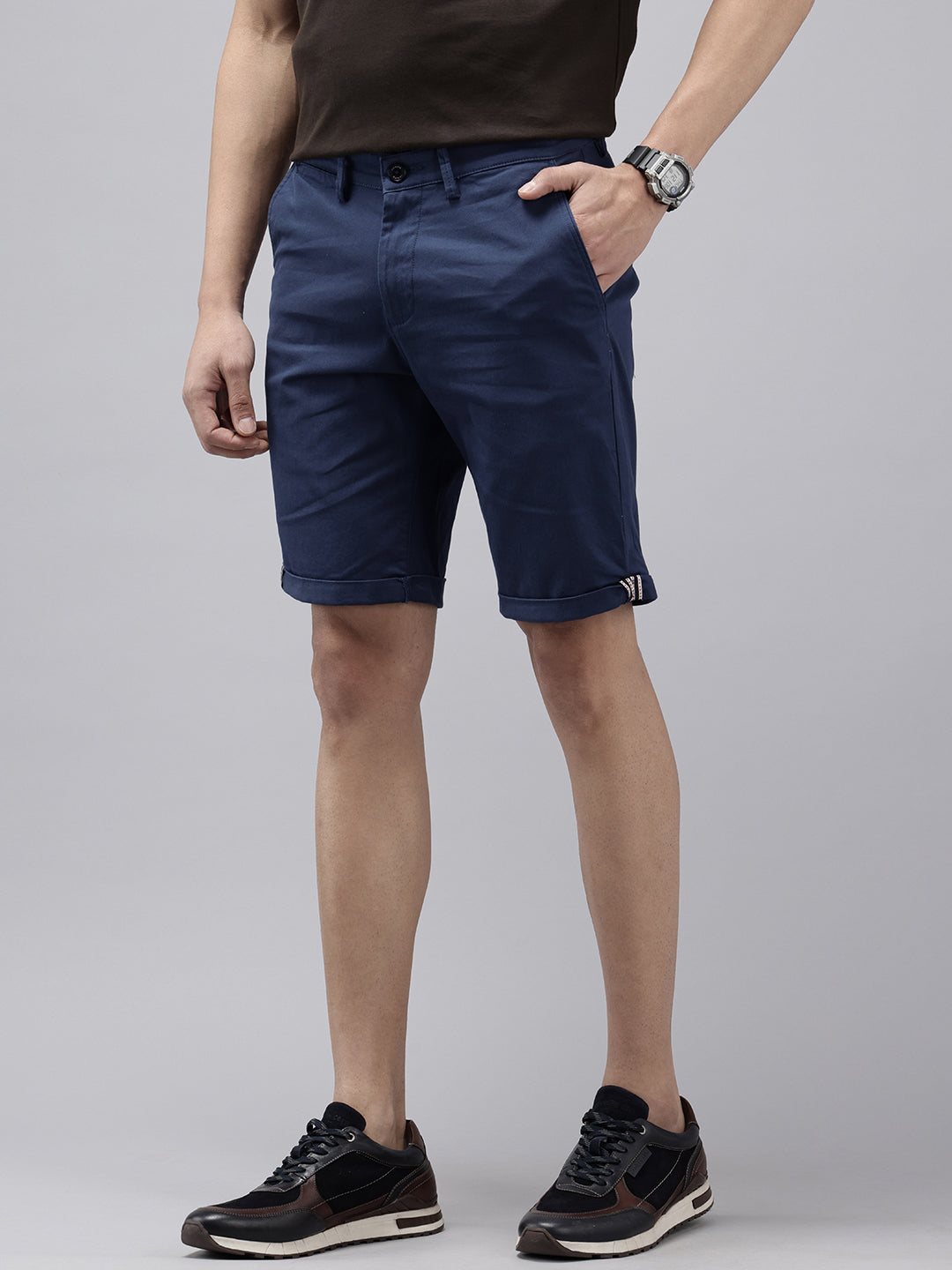 Navy Blue Slim Fit Cotton Shorts with 5 Pockets