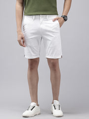 Men's White Solid Cotton Slim Fit Knee Length 5 Pockets Casual Shorts