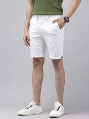Men's White Solid Cotton Slim Fit Knee Length 5 Pockets Casual Shorts