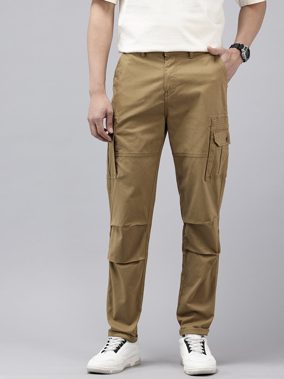 Men's Brown Solid Cotton 7 Pockets Cargo Trouser
