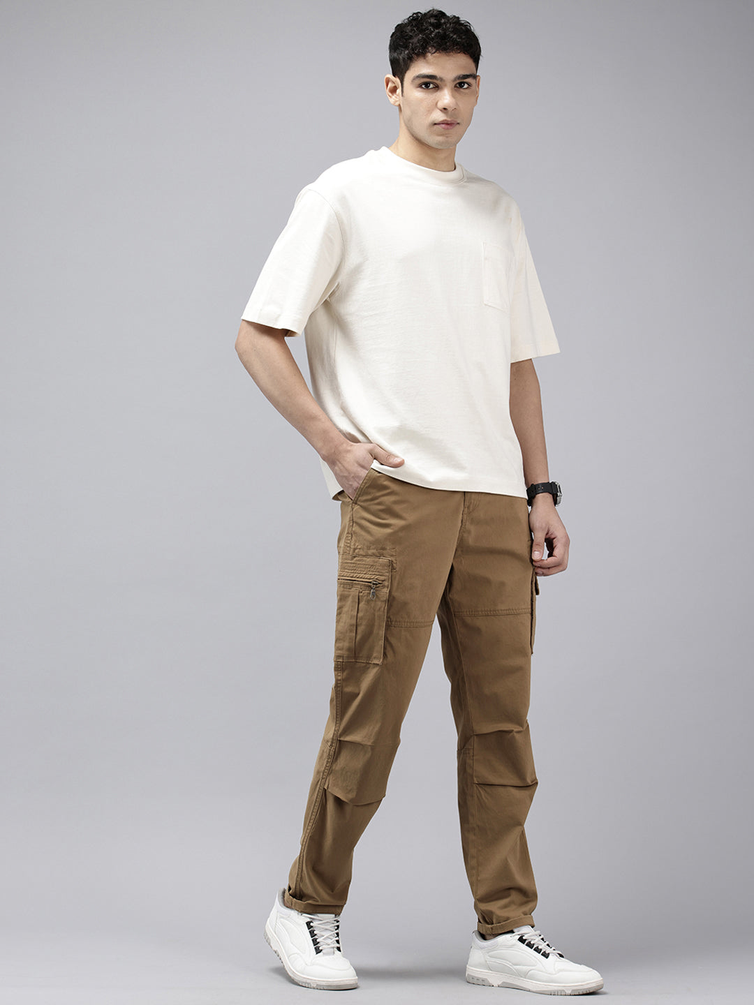 Men's Brown Solid Cotton 7 Pockets Cargo Trouser