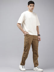Men's Brown Solid Cotton 7 Pockets Cargo Trouser
