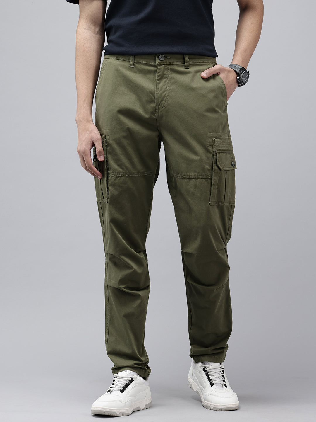 Men's Dark Olive Solid Cotton 7 Pockets Cargo Trouser
