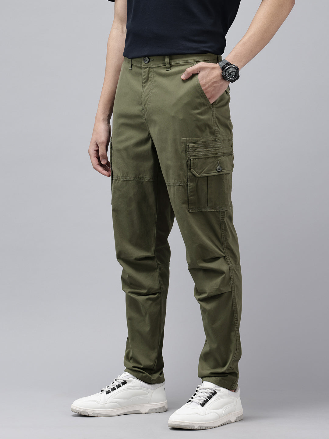 Men's Dark Olive Solid Cotton 7 Pockets Cargo Trouser
