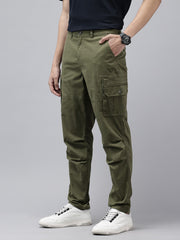 Men's Dark Olive Solid Cotton 7 Pockets Cargo Trouser