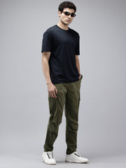 Men's Dark Olive Solid Cotton 7 Pockets Cargo Trouser