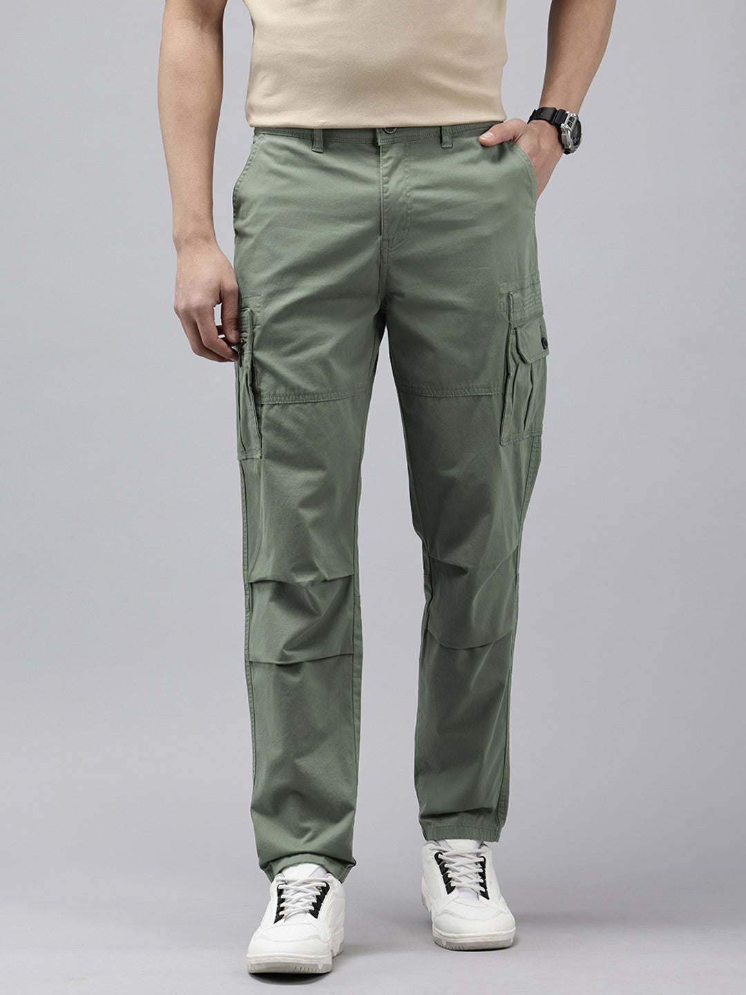 Men's Grey Solid Cotton 7 Pockets Cargo Trouser