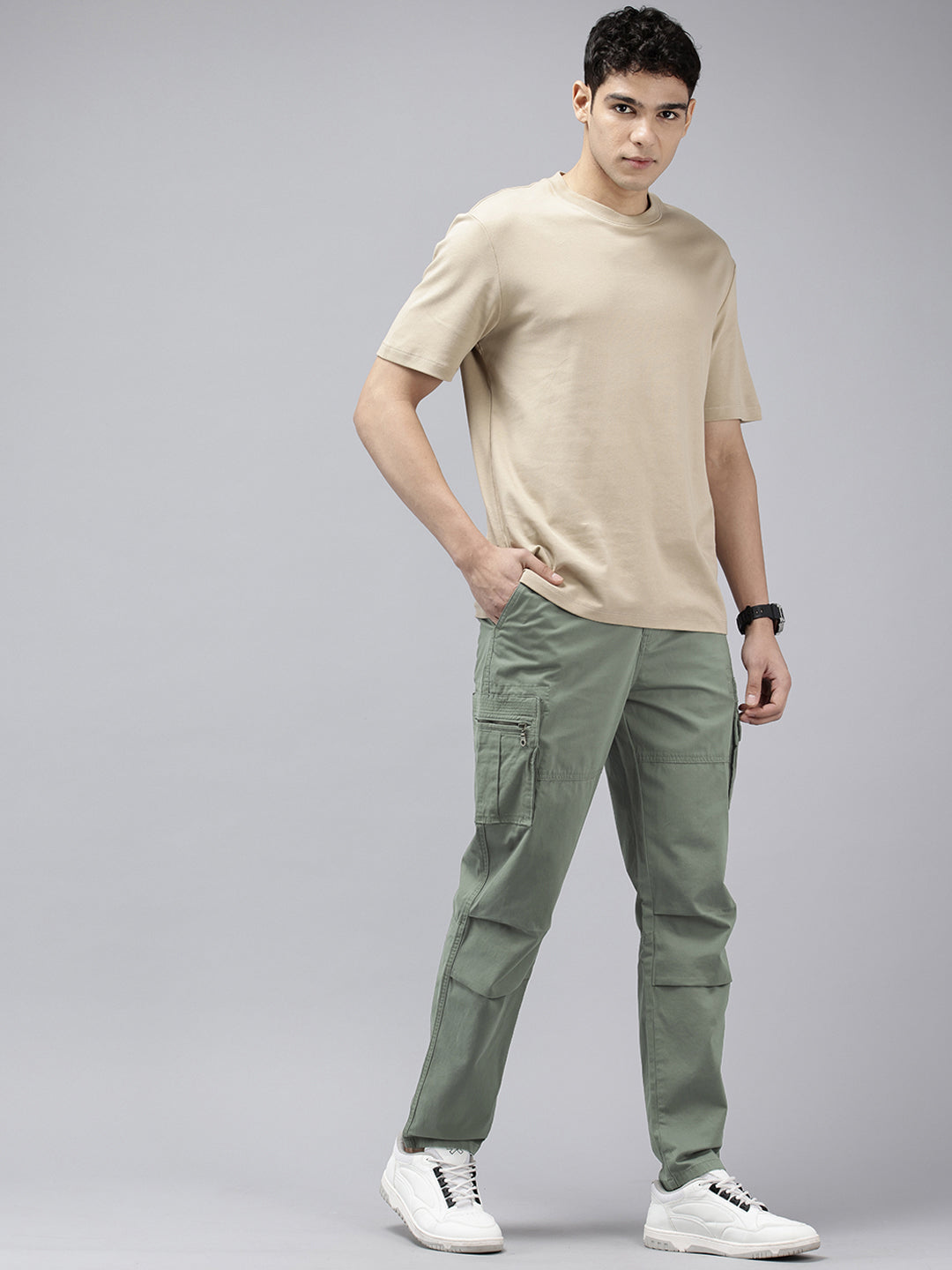 Men's Grey Solid Cotton 7 Pockets Cargo Trouser