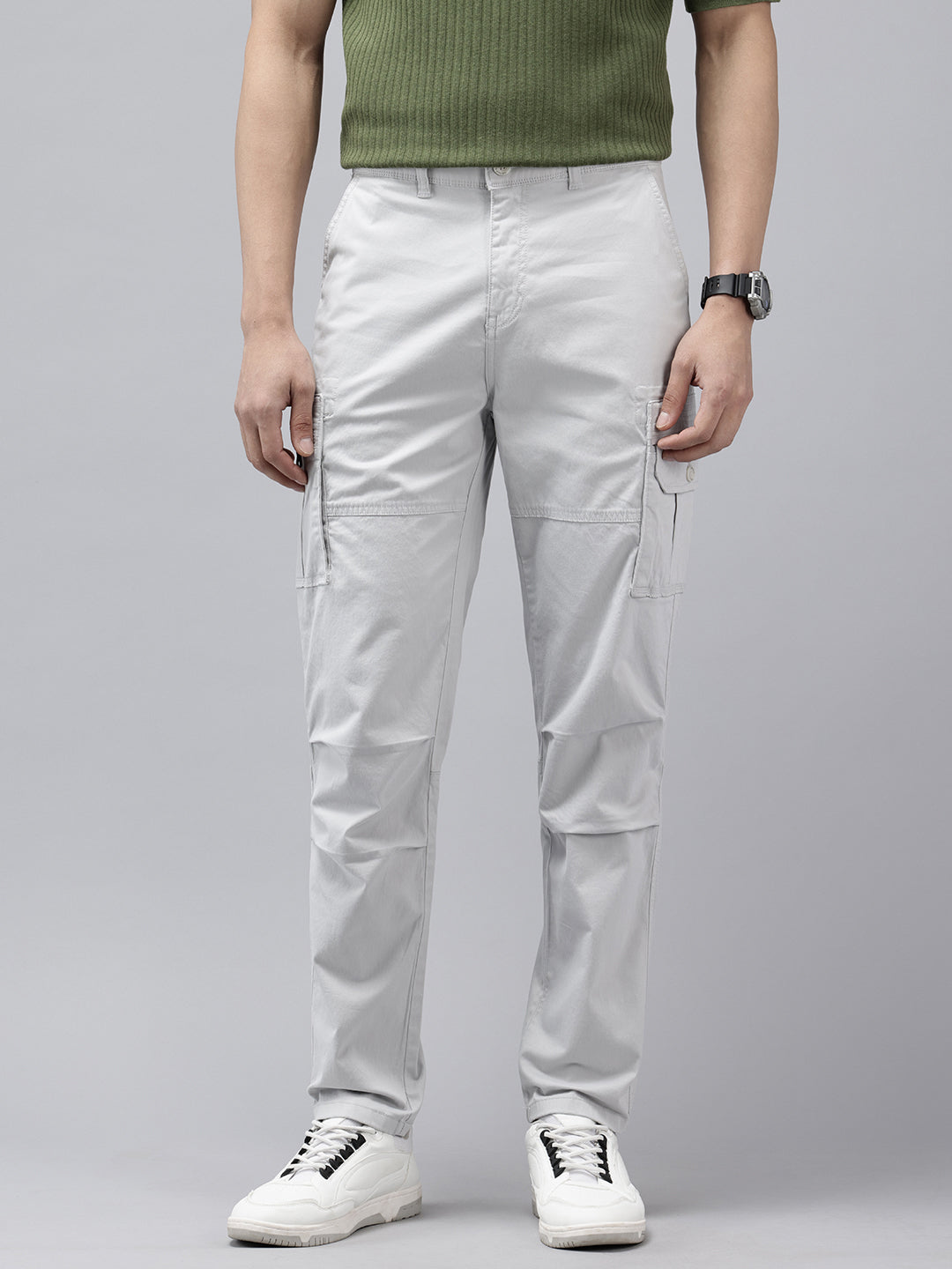 Men's Light Grey Solid Cotton 7 Pockets Cargo Trouser