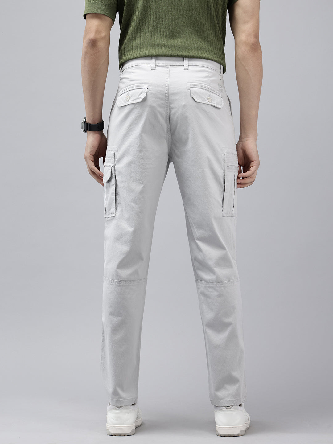 Men's Light Grey Solid Cotton 7 Pockets Cargo Trouser