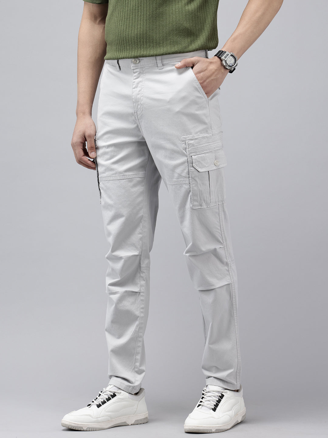 Men's Light Grey Solid Cotton 7 Pockets Cargo Trouser