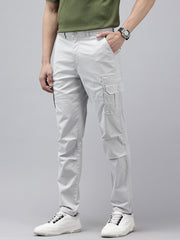 Men's Light Grey Solid Cotton 7 Pockets Cargo Trouser