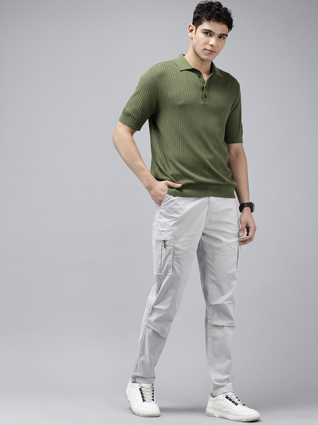 Men's Light Grey Solid Cotton 7 Pockets Cargo Trouser
