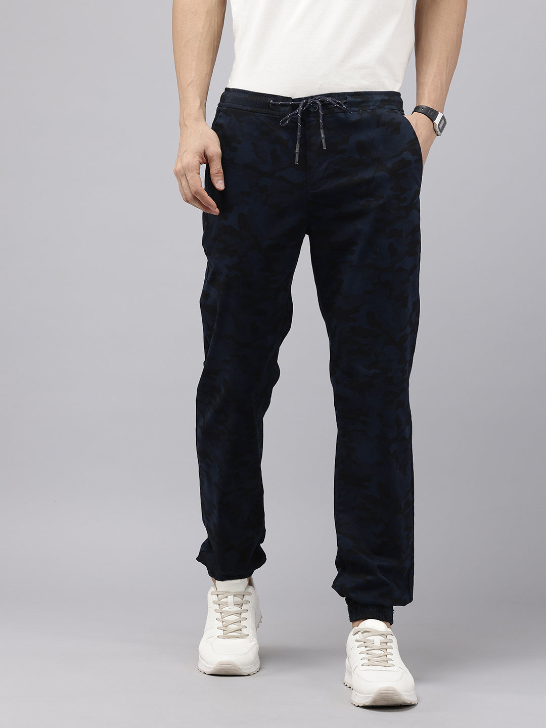 Men's Navy Blue Cotton Bahamas Joggers Fit Camouflage Printed 4 Pocket Jogger Trouser