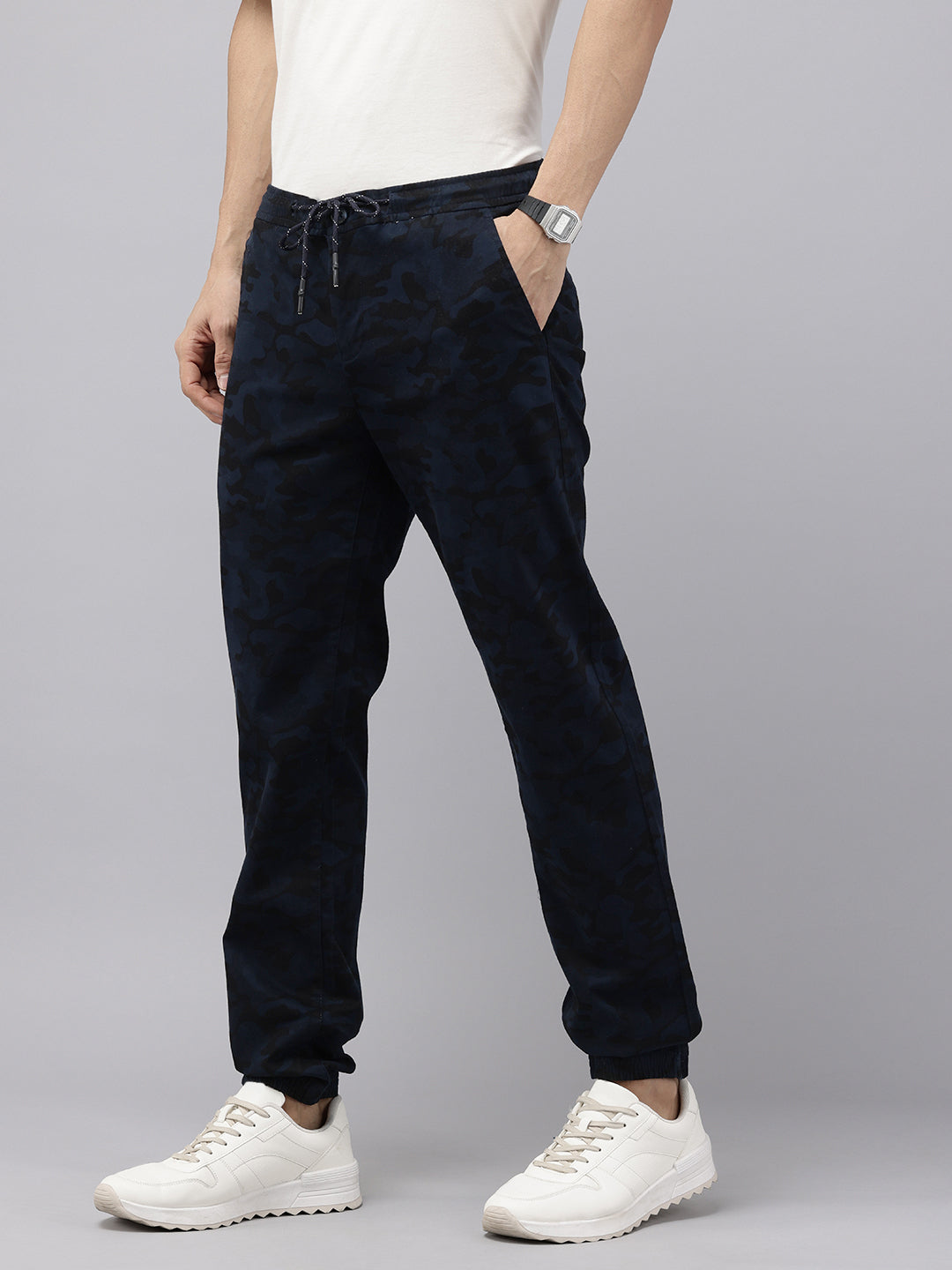Men's Navy Blue Cotton Bahamas Joggers Fit Camouflage Printed 4 Pocket Jogger Trouser