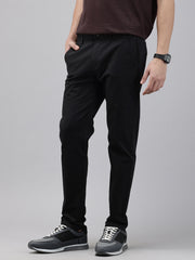 Men Black Cotton Stretchable Caribbean Fit Mid-Rise Solid Casual Trousers