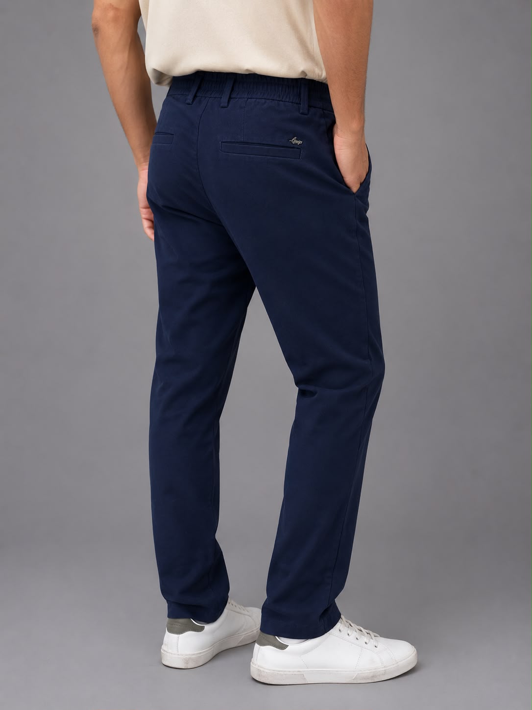 GENIPS Men's Elasticated Relaxed Fit Cotton Trousers - Mid-Rise 4 Pocket Travel Pants
